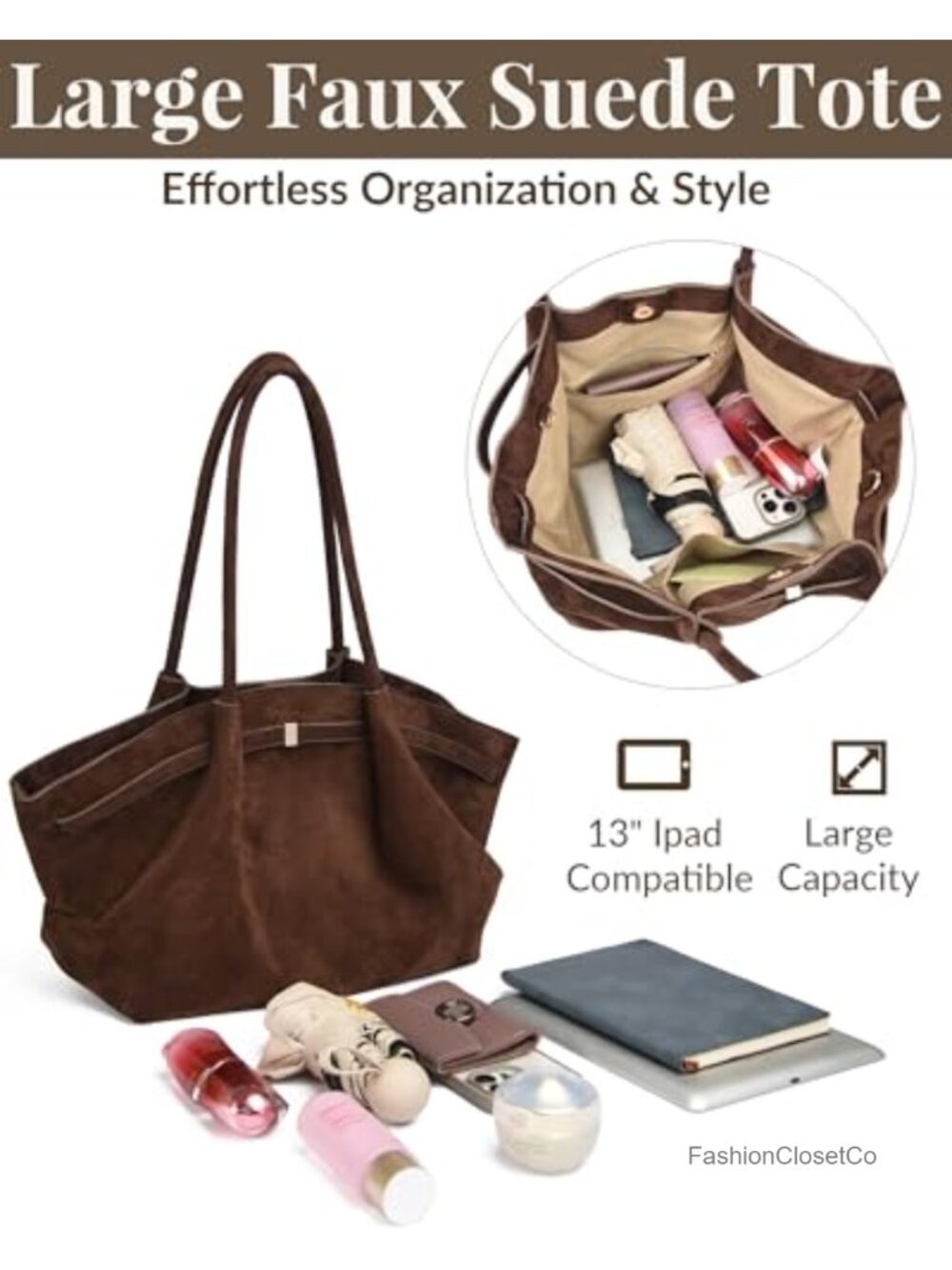Faux Suede Tote Bag for Women - Shoulder Crossbody Handbag - Large Capacity - Picture 3 of 6